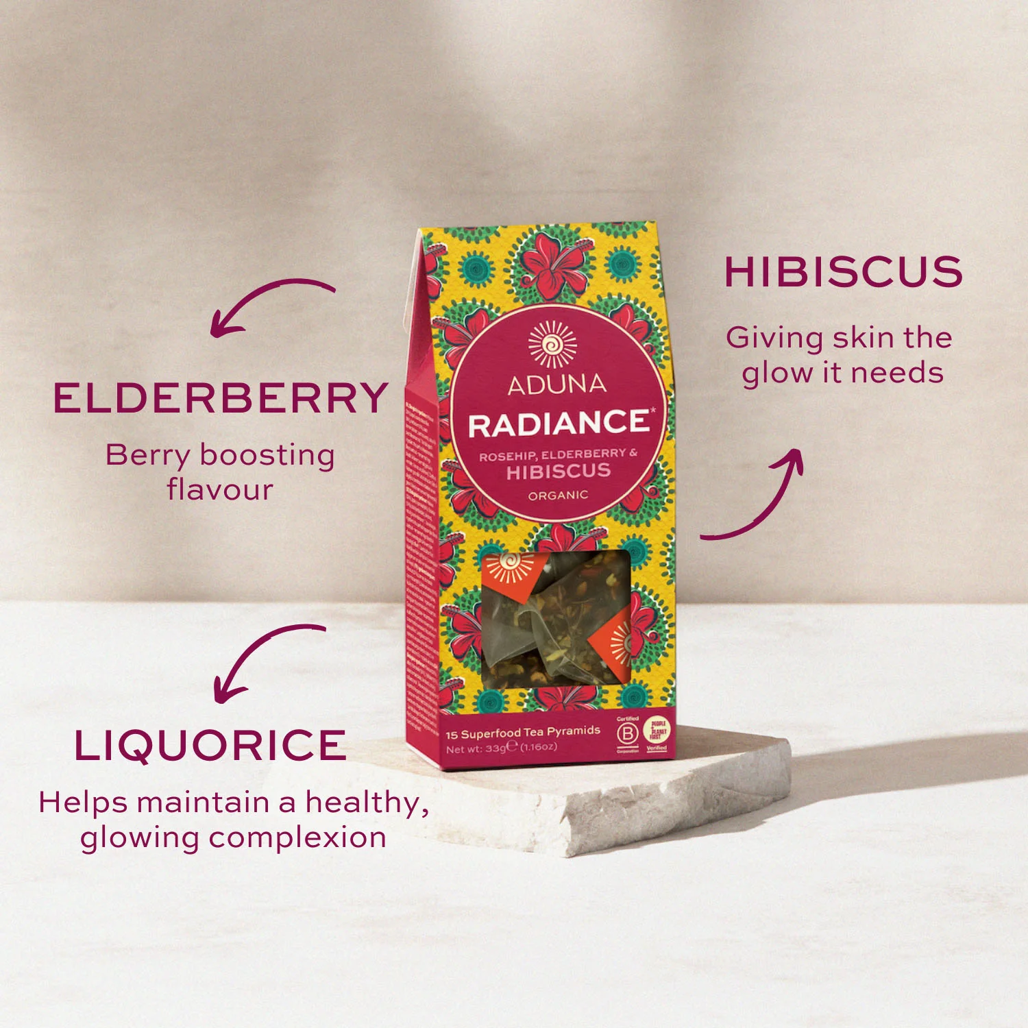 Aduna Radiance Hibiscus Tea with Rosehip & Elderberry 15 bags - Image 3