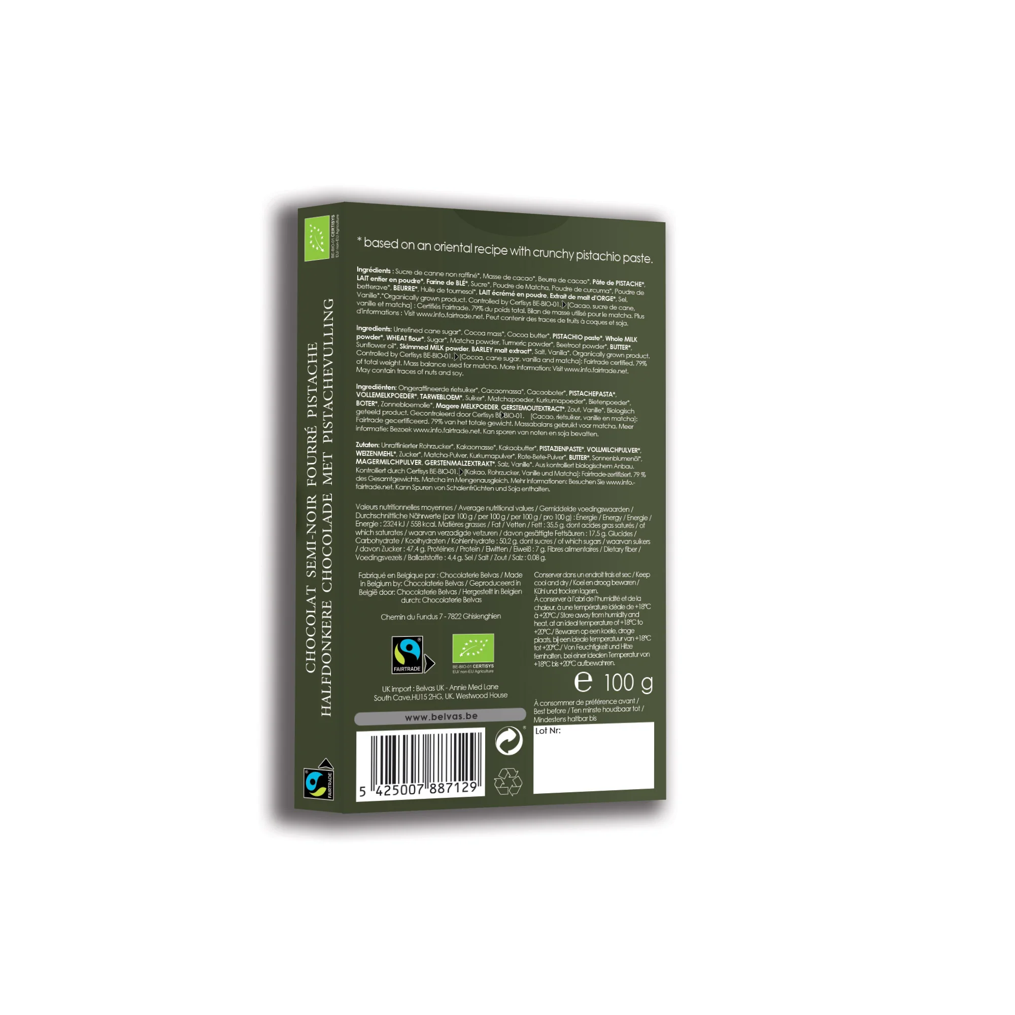 Belvas Dubai Pistachio Filled Semi Dark Chocolate 100g - Image 2