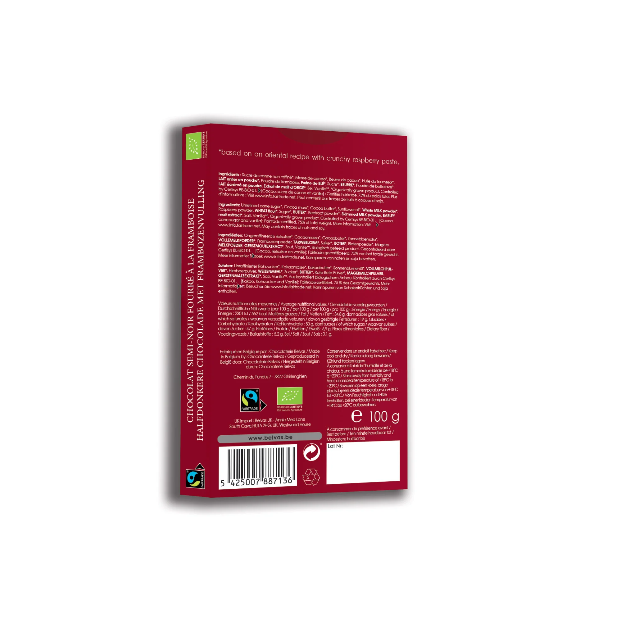 Belvas Dubai Raspberry Filled Semi Dark Chocolate 100g - Image 2