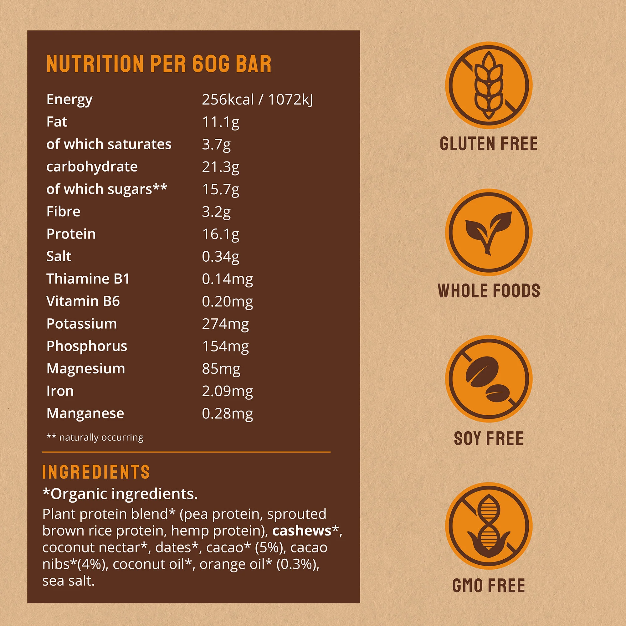 BodyMe Organic Cacao Orange Vegan Protein Bar 60g - Image 4