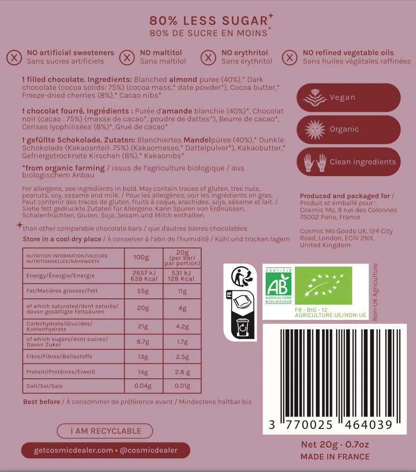 Cosmic Dealer Cherry & Almond Nut Butter Chocolate 20g - Image 2