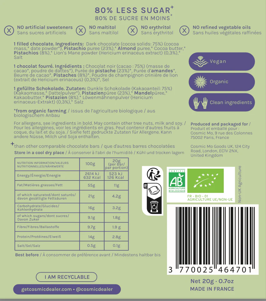 Pistachio & Lion's Mane Nut Butter Chocolate 20g - Image 2