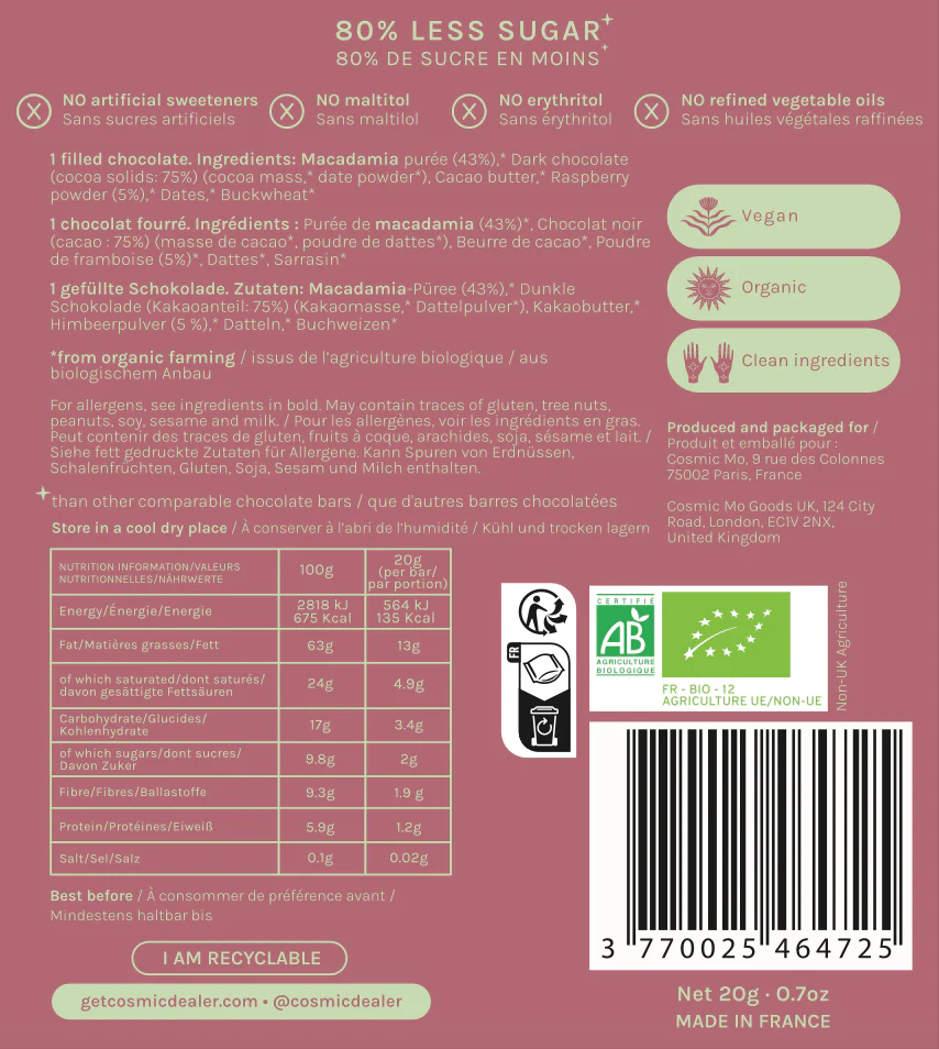 Cosmic Dealer Nut Butter Chocolate: Raspberry & Buckwheat - Abundance 20g - Image 2