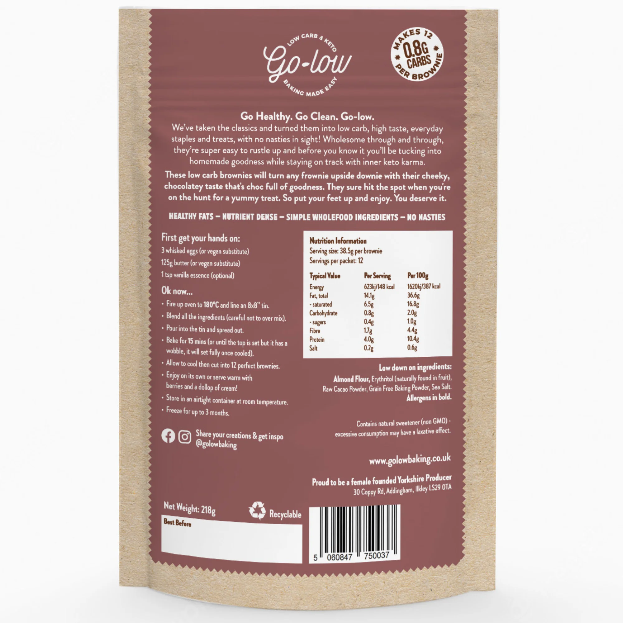 Go-low Keto & Low Carb Chocolate Brownie Baking Mix 218g - Image 2