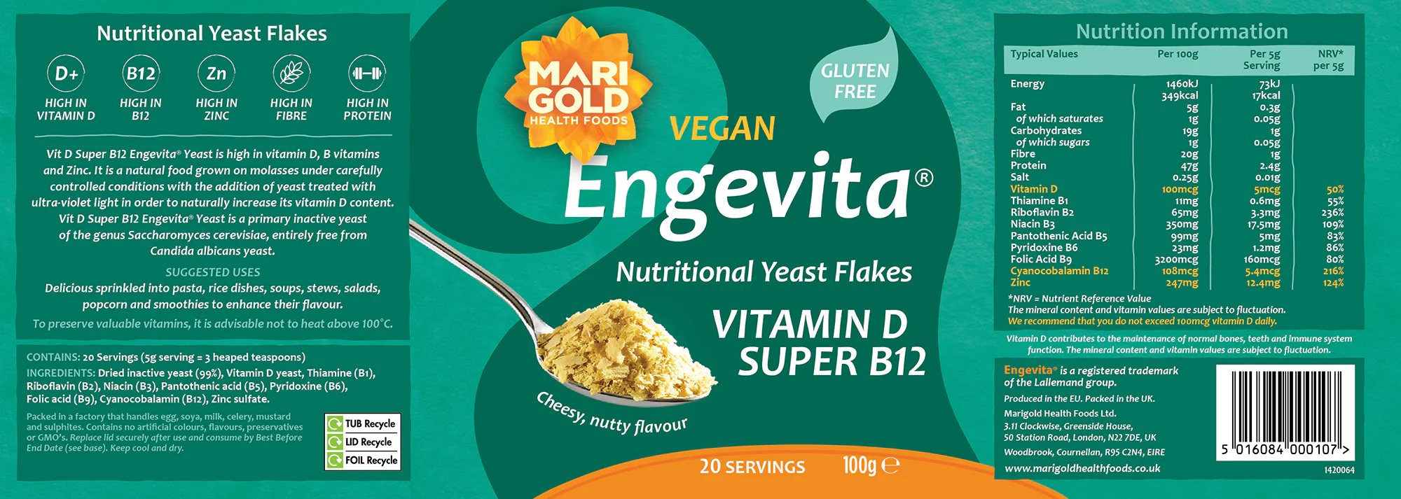 Marigold Engevita Nutritional Yeast With Vitamin D and B12 100g - Image 2
