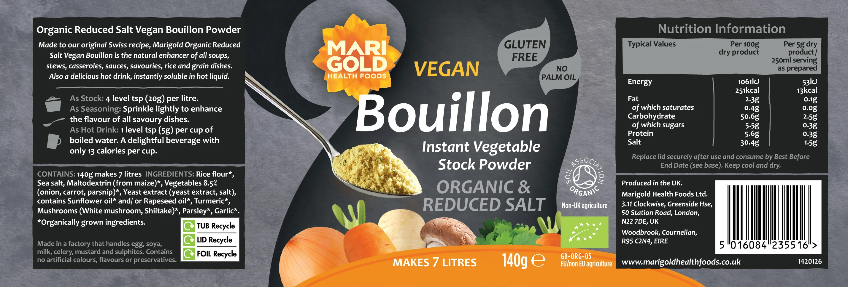 Marigold Organic Low Salt Vegan Bouillon Powder 140g - Image 2