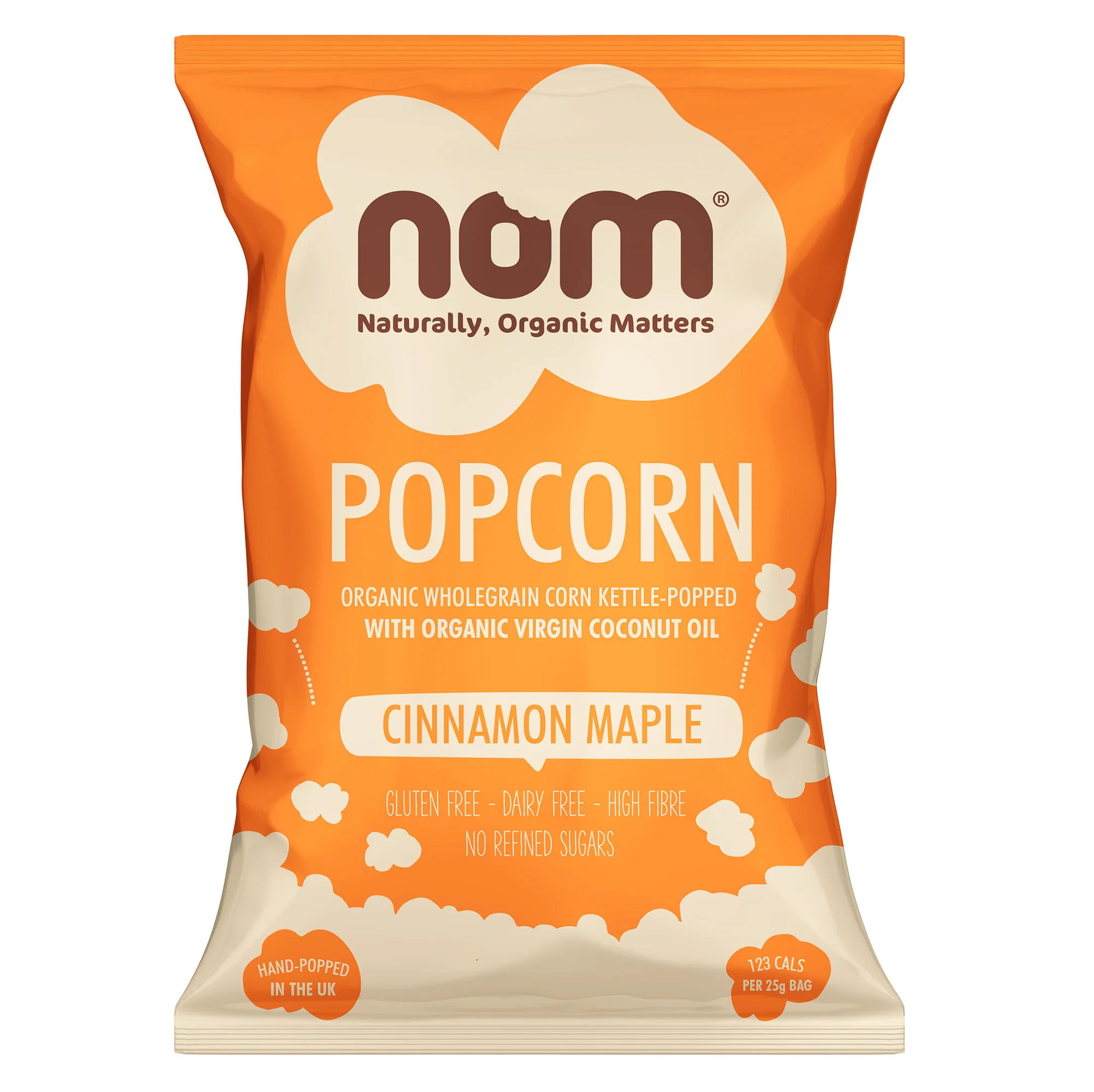 nom organic cinnamon maple popcorn 25g