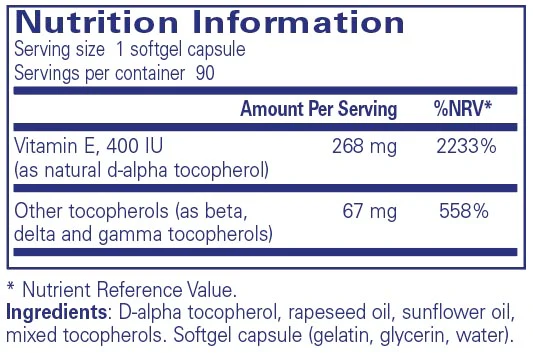 Pure Encapsulations Vitamin E (mixed tocopherols) 90 softgels - Image 2
