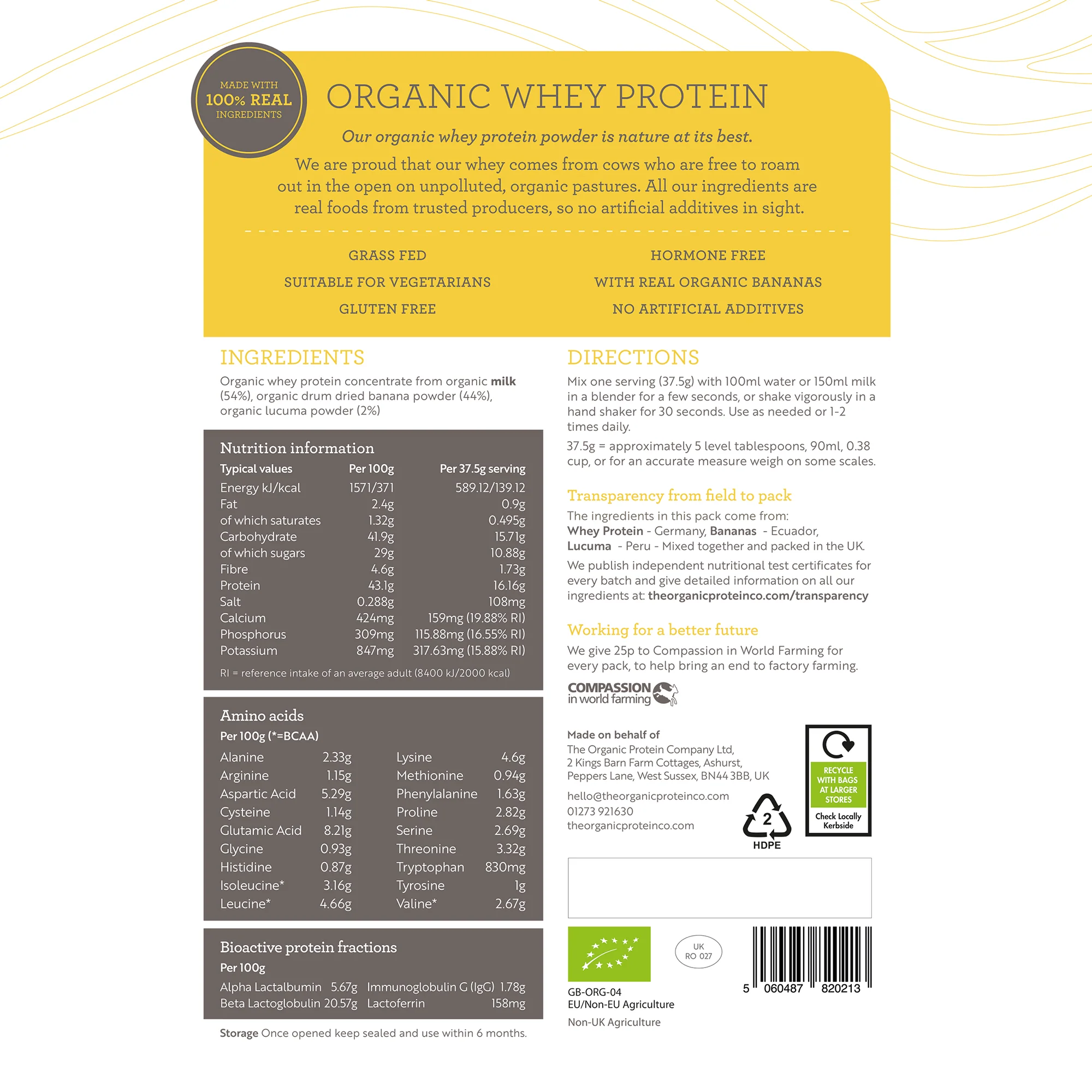 The Organic Protein Co. Banana & Lucuma Organic Whey Protein Powder 600g 600g - Image 2
