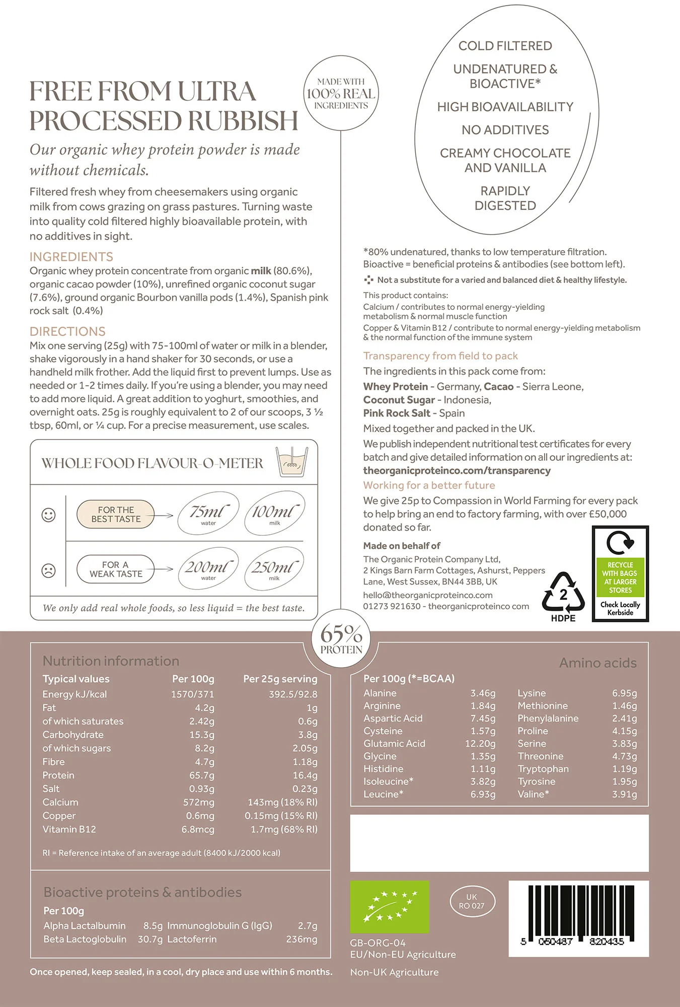 The Organic Protein Co. Cookies & Cream Organic Whey Protein Powder 1.2kg - Image 2