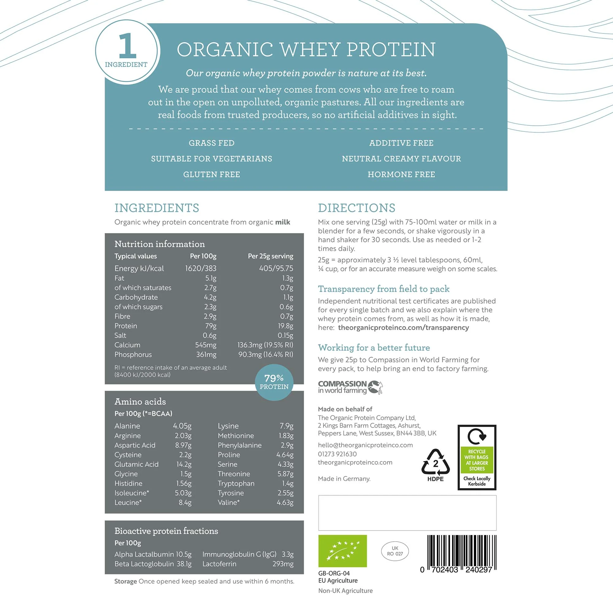 The Organic Protein Co. Pure Unflavoured Organic Whey Protein Powder 400g 400g - Image 2